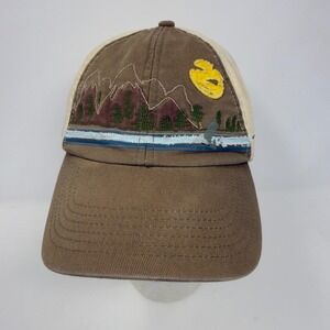 Distressed REI Embroidered Mountain Lake Scene Baseball Cap Hat‎ Brown Tan M/L